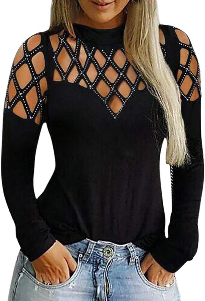 Womens Casual Openwork Tops AmyDong Ladies Long Sleeve Cut Hollow Out Rhinestone Casual T-Shirt Tunic Tops