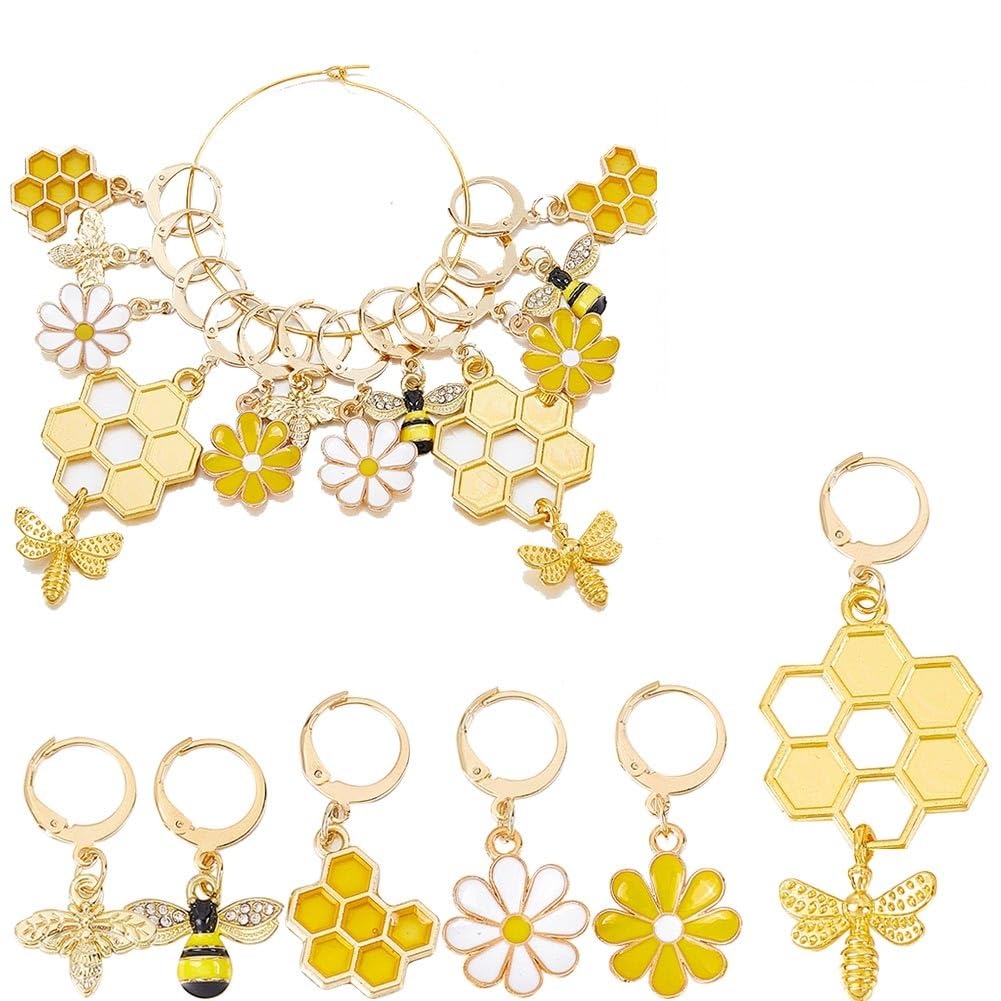 SUNNYCLUE 1 Box 12Pcs Bee Charms Knitting Stitch Markers Cute Removable Clip on Bracelets Charm Daisy Flowers Charms Lobster Claw Clasps Crochet Stitch Markers for DIY Knitting and Crocheting Sewing
