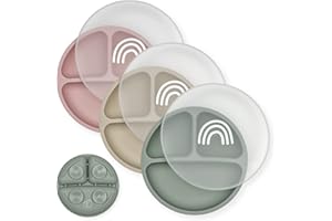 Hippypotamus Toddler Plates with Suction - 100% Food-Grade Silicone Baby Plates with Lids - Microwave & Dishwasher Safe - BPA Free - Set of 3 (Sage/Blush/Nude with LIDS)