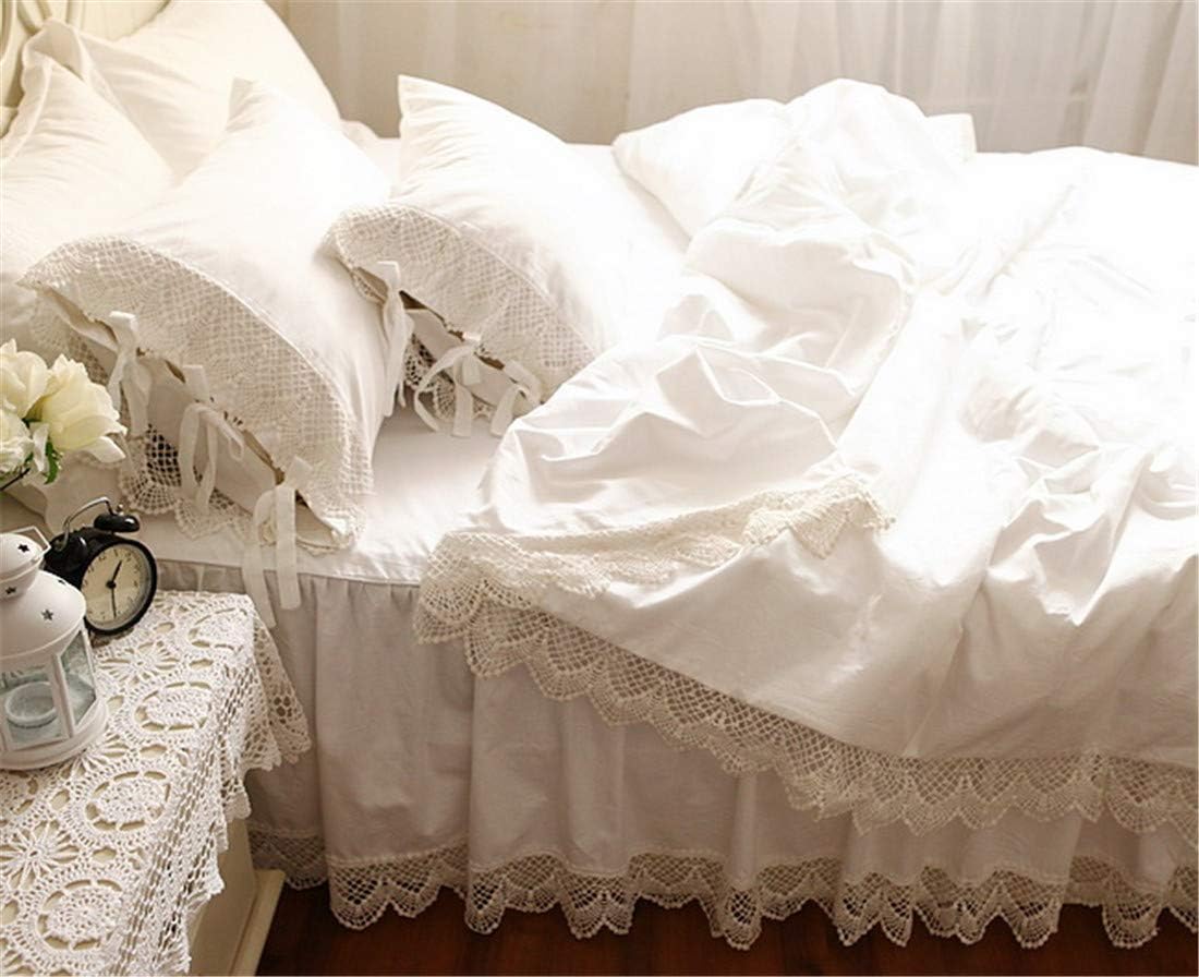 Lotus Karen White Duvet Cover Bed Skirt and Shams Bedding Set Superior Cotton Elegant Crochet Lace Full Size 4-Piece Princess Bedding for Girls