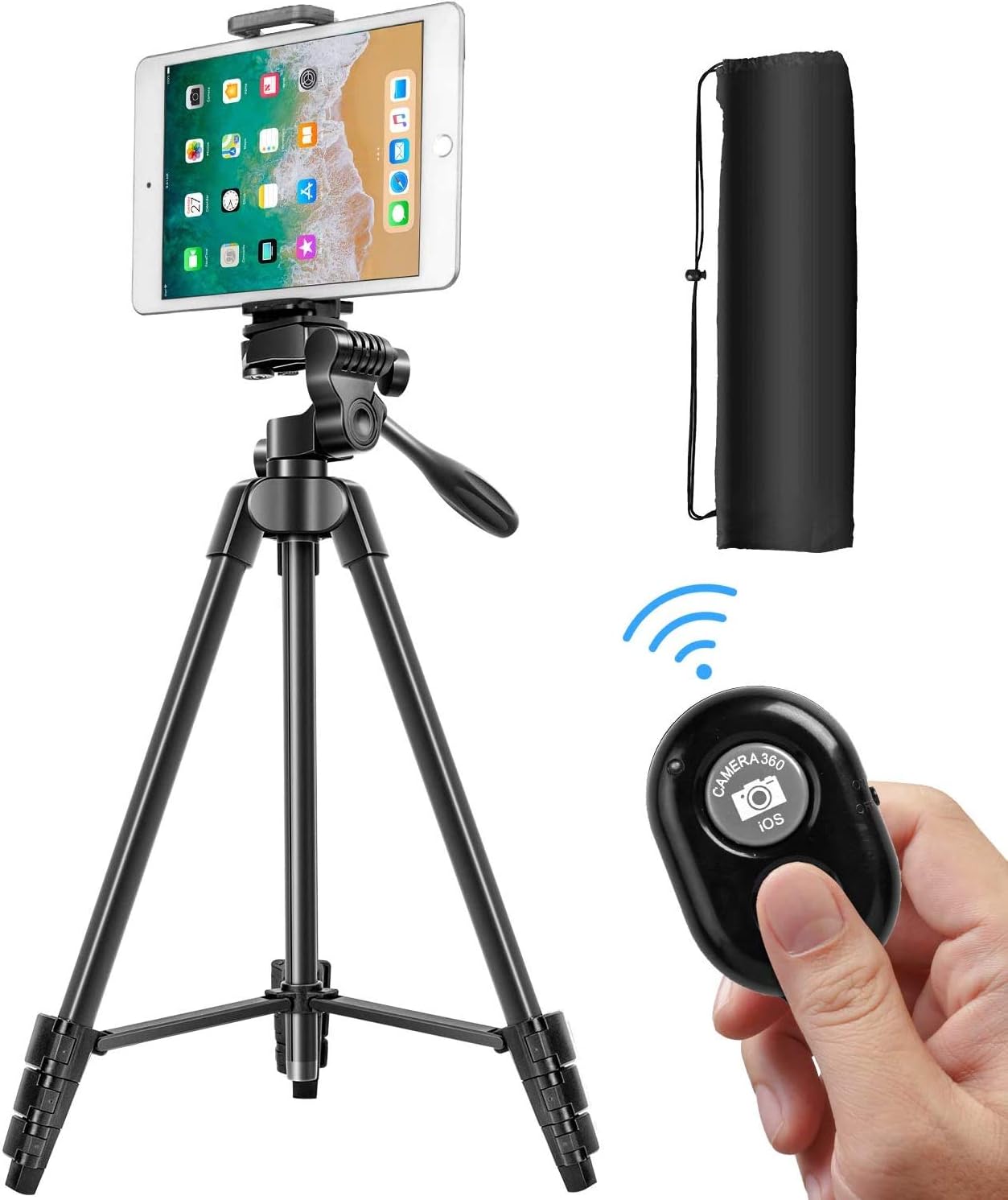 Tripod for Camera, 55 Inch Lightweight Tripod for Phone with 2 in 1 Holder for Tablet and Cellphone Aluminum Alloy 3-Way Head Tripod for DLSR Camera with Carrying Bag and Bluetooth Remote Control : Camera & Photo