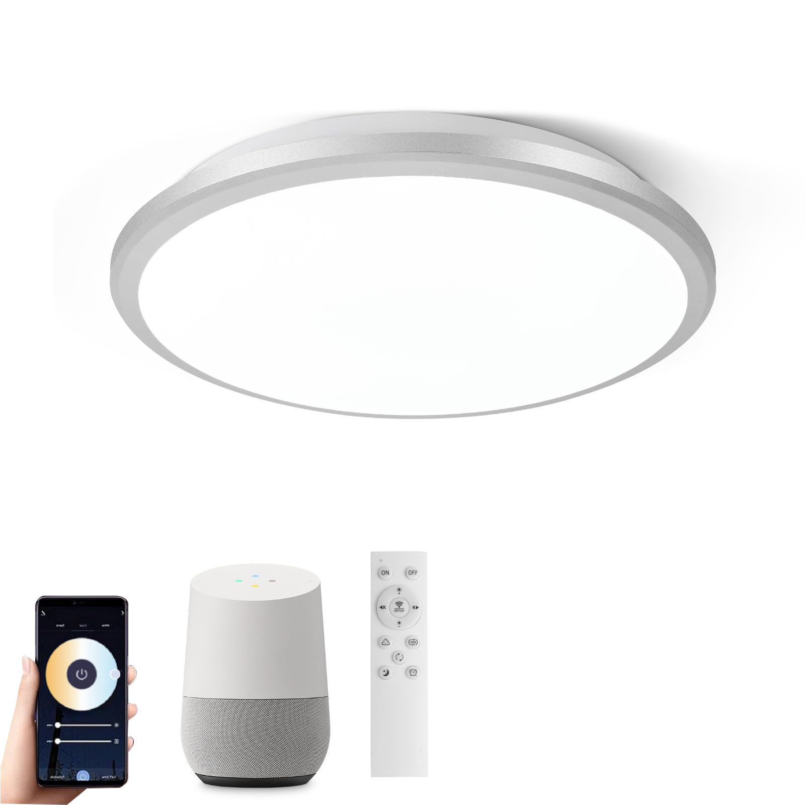 Horevo 24W LED WiFi Smart Ceiling LED Ceiling Light: Modern Dimmable Light with Remote, APP, Voice Remote & Voice Control, Compatible with Alexa & Google Home - Silver Round Design(30CM, 2500lm)