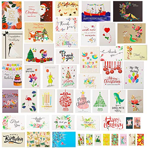 60 Holiday Special Day Greeting Cards/Postcards -Thank You Cards,Birthday Cards,Love Sympathy Baby Shower,Christmas Cards,Single Panel Cards,All Occasion Blank Note Cards with 52 Envelopes (3 Sizes)