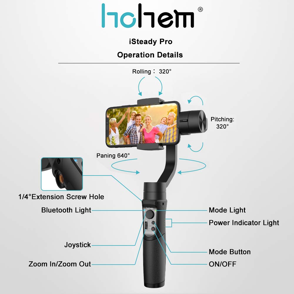 hohem Smartphone Gimbal, 3-Axis Handheld Gimbal stabilizer for Smartphones Compatiable with iPhone XS/XS Max/XR/X/iPhone 8/8 Plus, Vertigo Shoot/Time Lapse/Pull & Zoom Capability (iSteady Mobile)