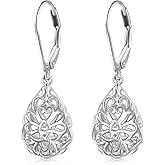 925 Sterling Silver Filigree Dangle Drop Earrings Daisy/Lotus/Rose Flower/Moonstone Leverback Teardrop Earrings for Women Infinity Celtic Knot Daisy Lotus Jewelry for Mothers Day