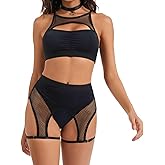 Kiruhytan Women‘s Rave Outfits Set: Cutout Fishnet Lingerie Top High Waisted Dance Shorts for Festival Party