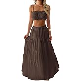WDIRARA Women's 2 Piece Vacation Outfits Ruffle Micro Crop Camisole Flowy Long Skirts Sets