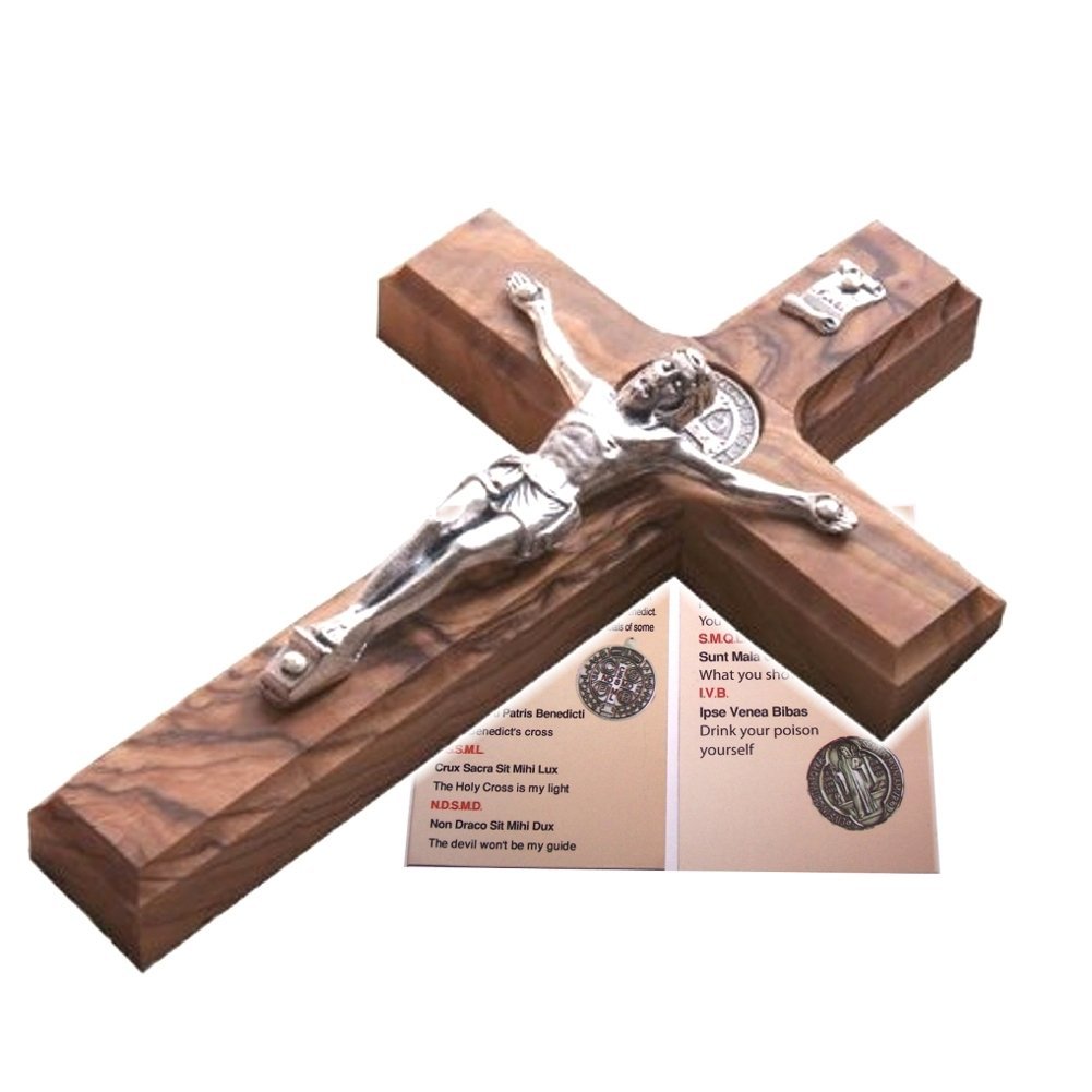 Holy Land Market Saint Benedict Wall Crucifix - Handmade Olive Wood Cross, Silver Tone Corpus, Catholic Home Decor, 12 Inches