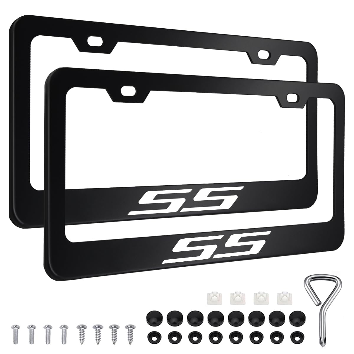 Photo 1 of 2PCS License Plate Frames Compatible with Chevy Camaro SS Cars, Universal Aluminum Alloy Car License Plate Holders with 2 Holes for SS Owners