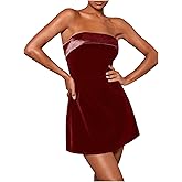SOLY HUX Women's Elegant Strapless Velvet Dress High Waisted Flared A Line Wedding Guest Mini Tube Dress