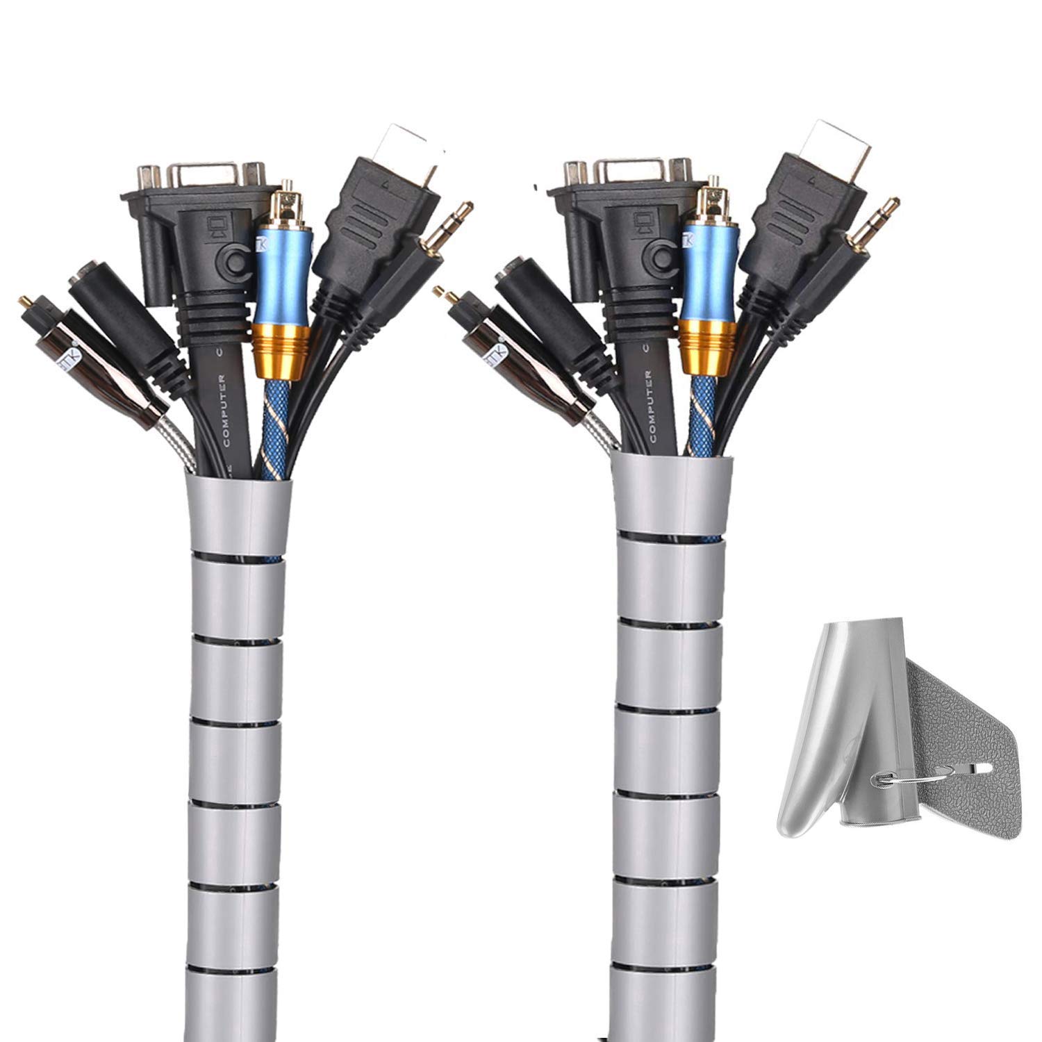MOSOTECH Cable Tidy Sleeves, 2 X 60'' Cable Management Wire Tidy Cable Cover Protector for PC TV Computer, Home and Office Cord Organizer, DIY Flexible, Grey, (∅1.03" and ∅0.87")
