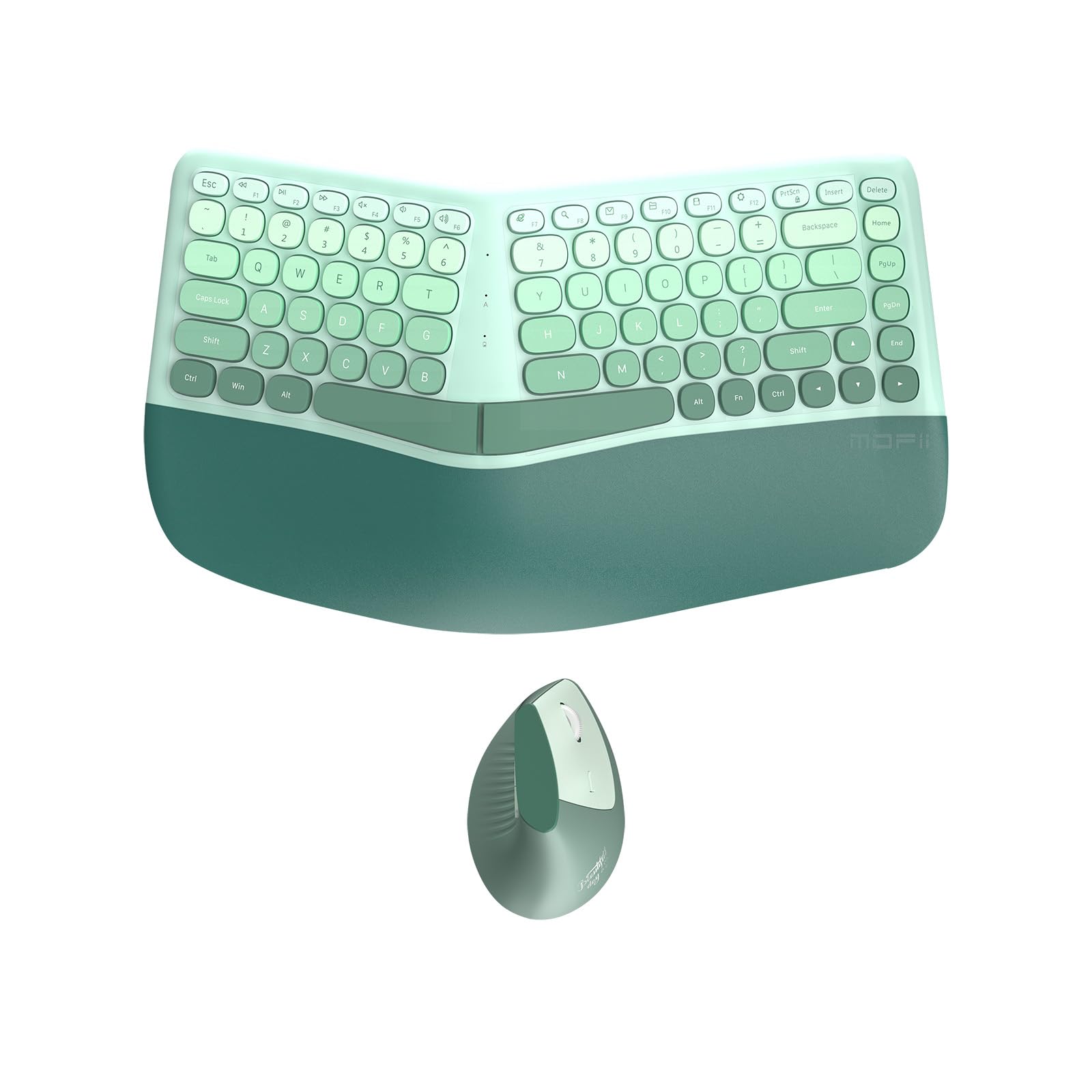 Photo 1 of TISHLED Ergonomic Wireless Keyboard and Mouse Combo with Wrist Rest, Curved Split Keys Silent 84-Key Membrane Keyboard 6-Key Vertical Mouse Set for Win/Mac/PC/Laptop, AAA Batteries, Mint Green