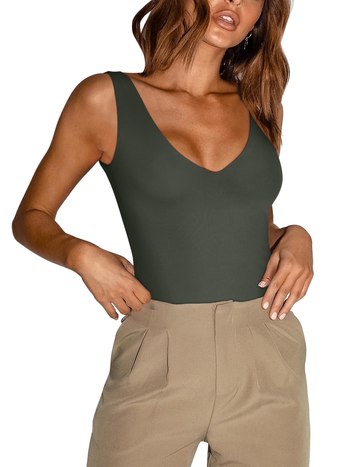Photo 1 of REORIA Women's Summer Sexy Plunge Deep V Neck Sleeveless Double Lined One Piece Tank Tops Thong Bodysuits Leotards for Going Out Grey Small