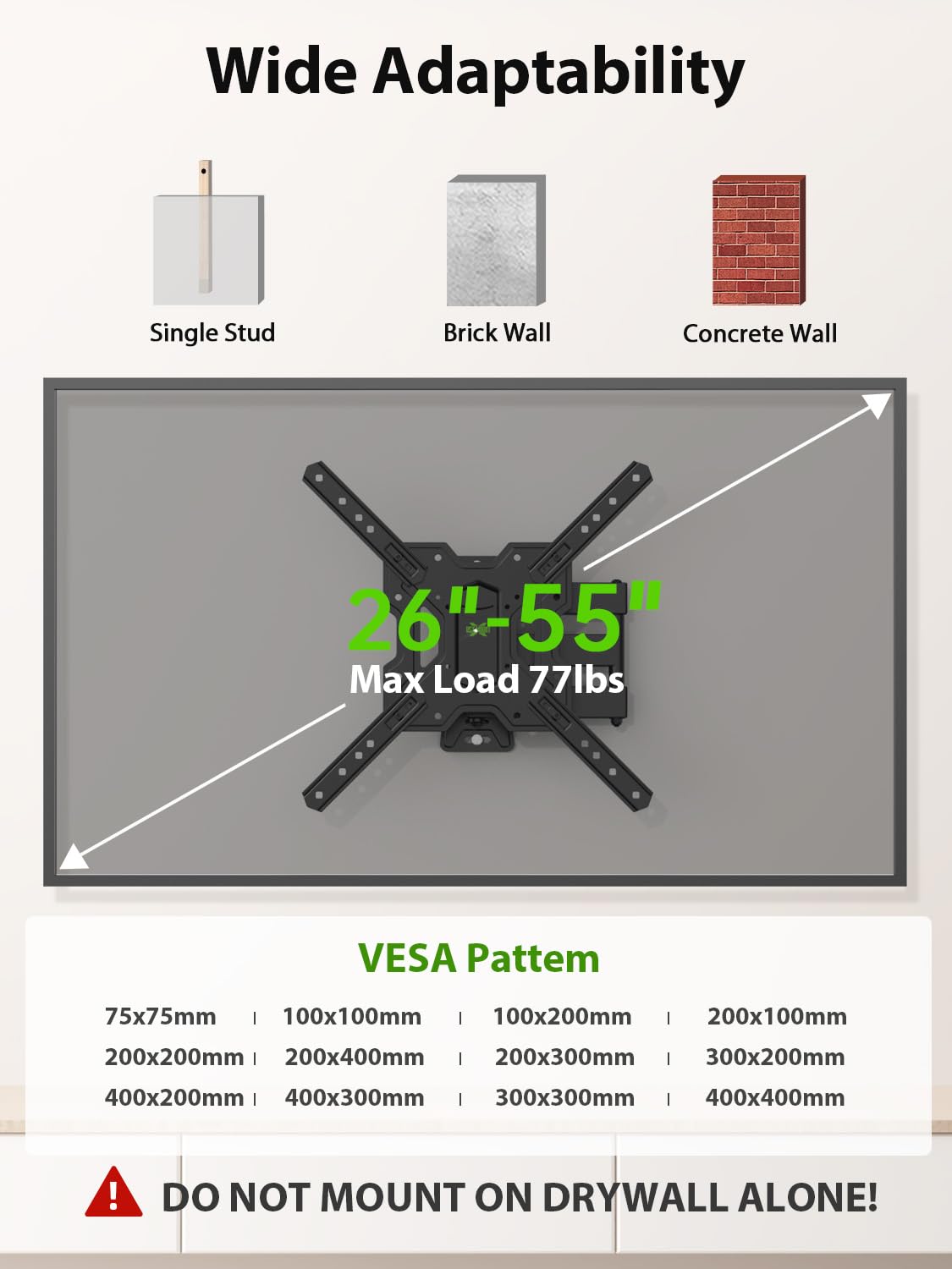 USX MOUNT UL Listed Full Motion TV Mount, Swivel Articulating Tilt TV Wall Mount for 26-55Inch LED, 4K, Wall Mount Bracket with VESA 400x400mm Up to 77lbs, Perfect Center Design -XMM006-1