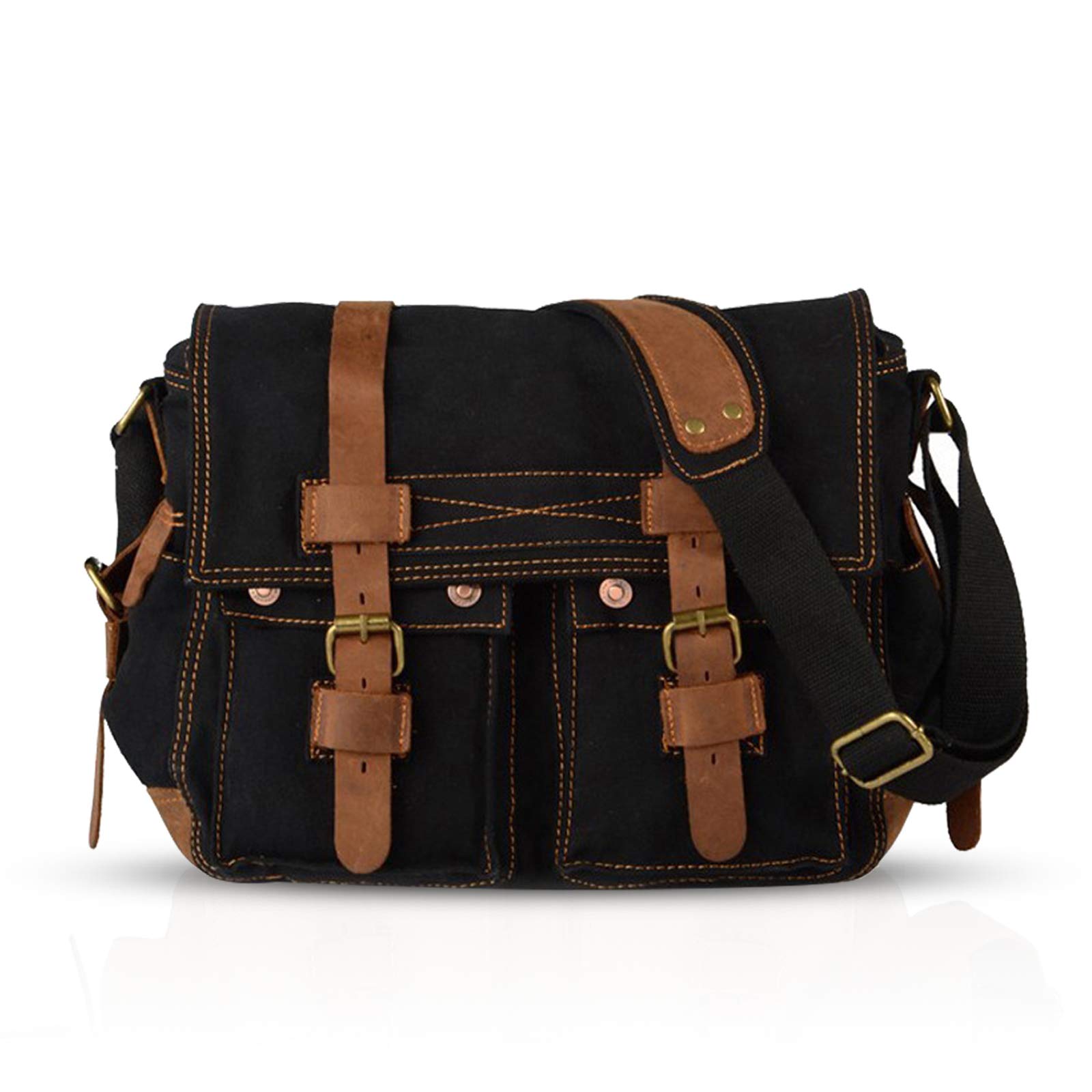 FANDARE Unisex Messenger Bag Canvas Satchel College Bag Outdoor Travel Bookbag Commute Work Shoulder Bag 14 inch Laptop Crossbody Bag for Men/Women Black