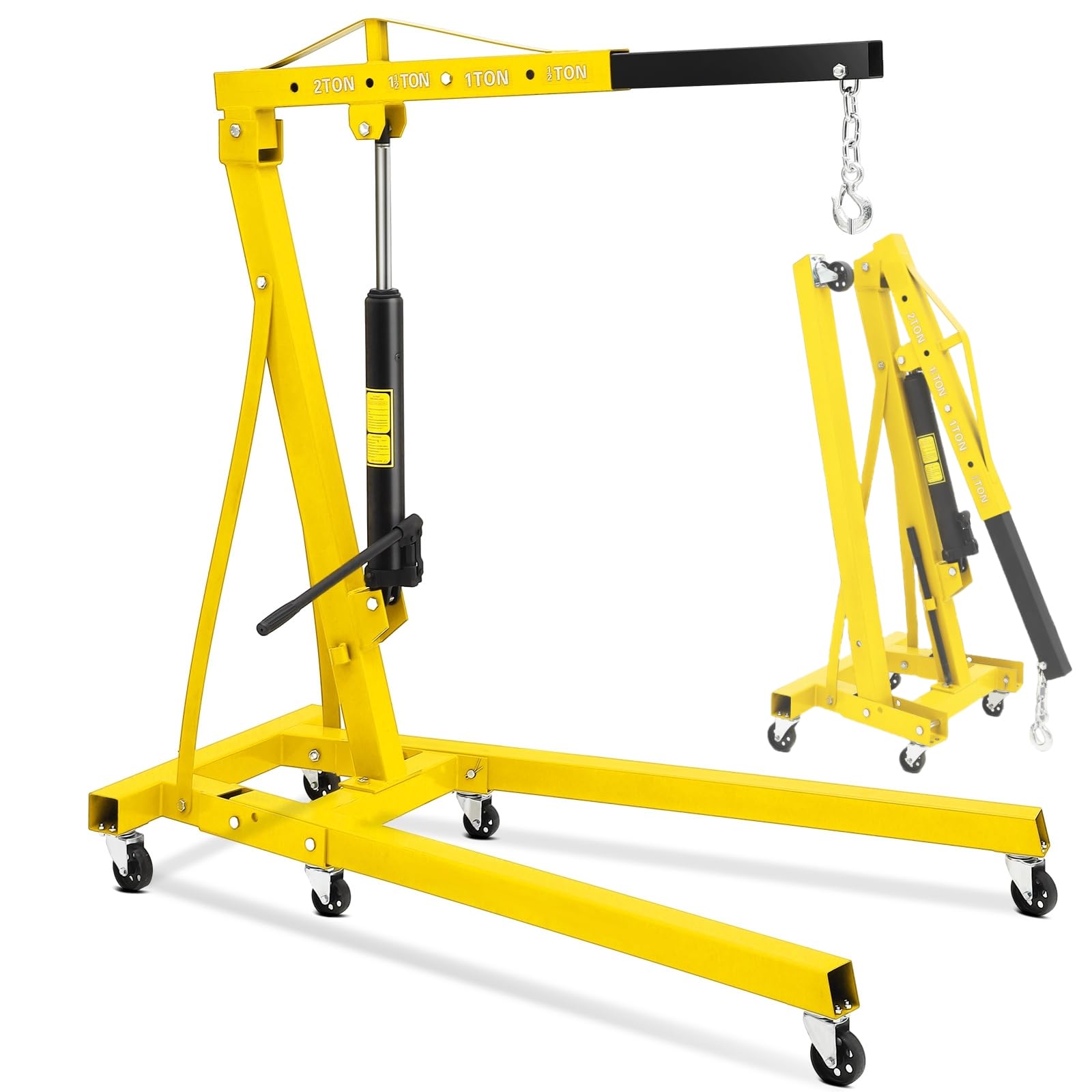 Photo 1 of *Scratches* 4400 Lbs Folding Hydraulic Engine Hoist, 2 Ton Portable Cherry Picker with 6 Wheels & Telescopic Boom, Foldable Engine Shop Crane Lift for Home Garage, Workshop, Warehouse, Yellow, Heavy-Duty
