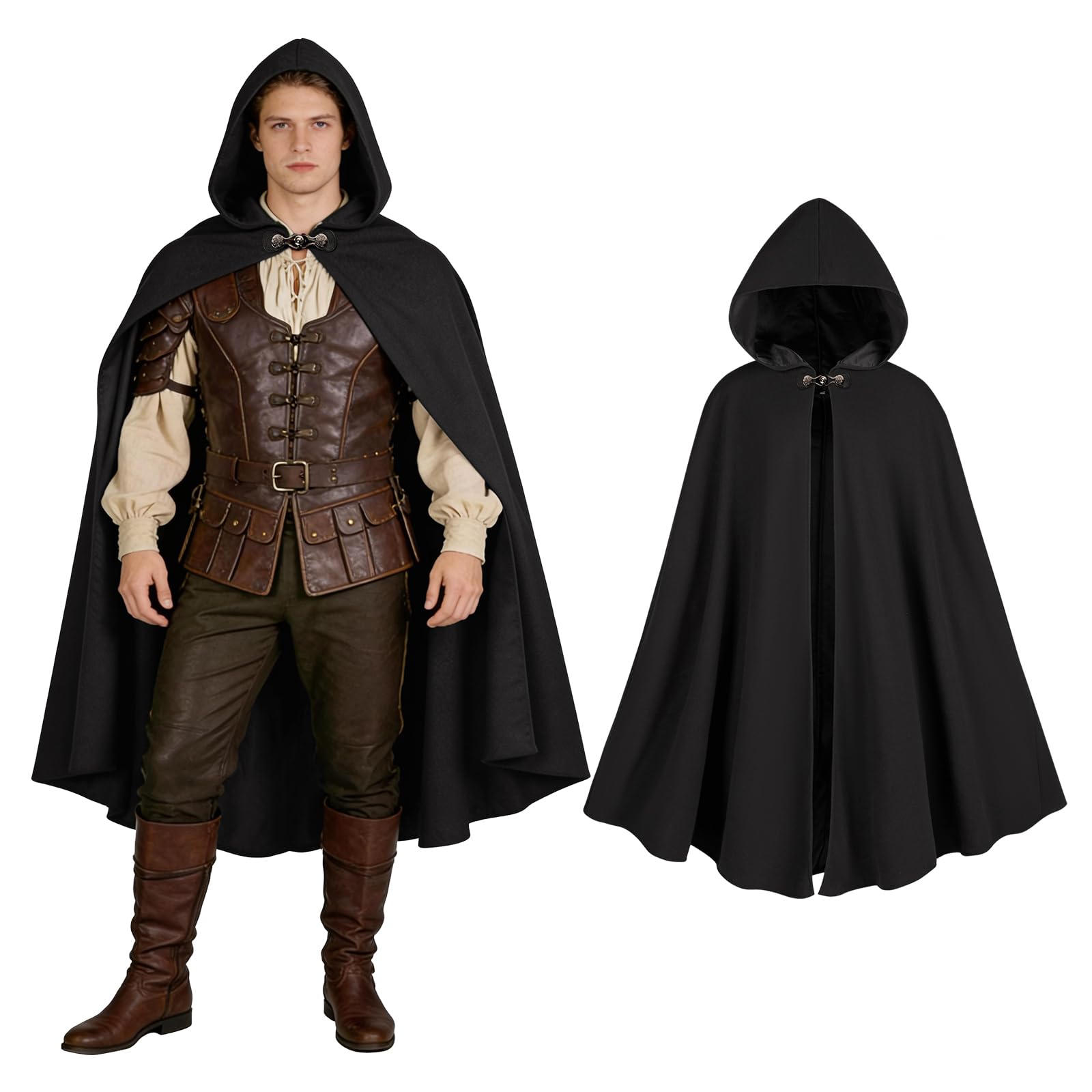 QEKFDOV Renaissance Hooded Cape,Witch Hooded Cape,Medieval Cloak with Hood for Men Women,Halloween Cosplay Costume (Black)