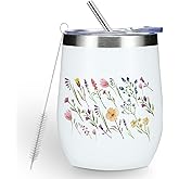 Cute Watercolor Wildflowers Floral 12 oz Tumbler, Wine Tumbler Insulated Wine Glass with Lid, Friendship Gifts for Women Flower Lovers Mom Grandma Aunt Girls Birthday Mothers Day Graduation Christmas