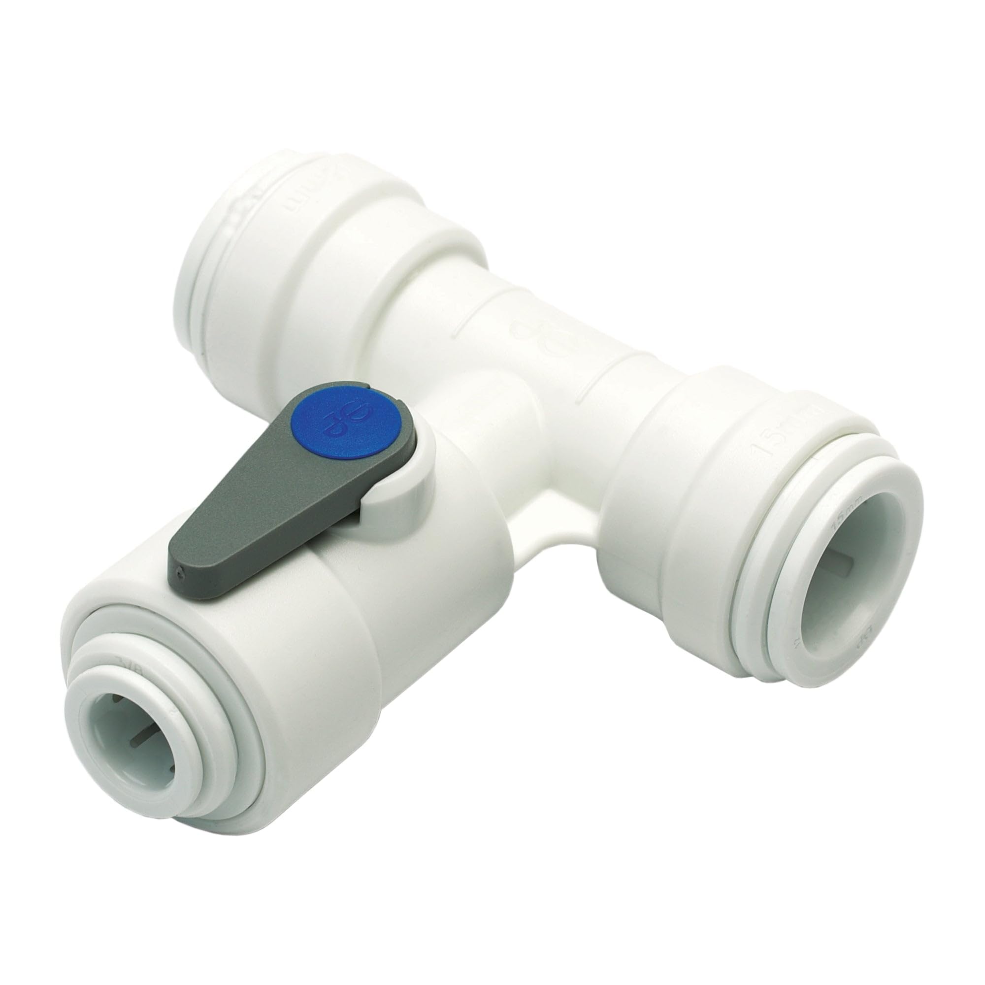 JOHN GUEST ACETAL ANGLE STOP VALVE. Push-fit Branch Tube O.D. 3/8" to 15mm BSP Thread. Speedfit Part No ASV4. Imperial to Metric Threaded Acetal Fittings for Drinks Dispensers and Pure Water.