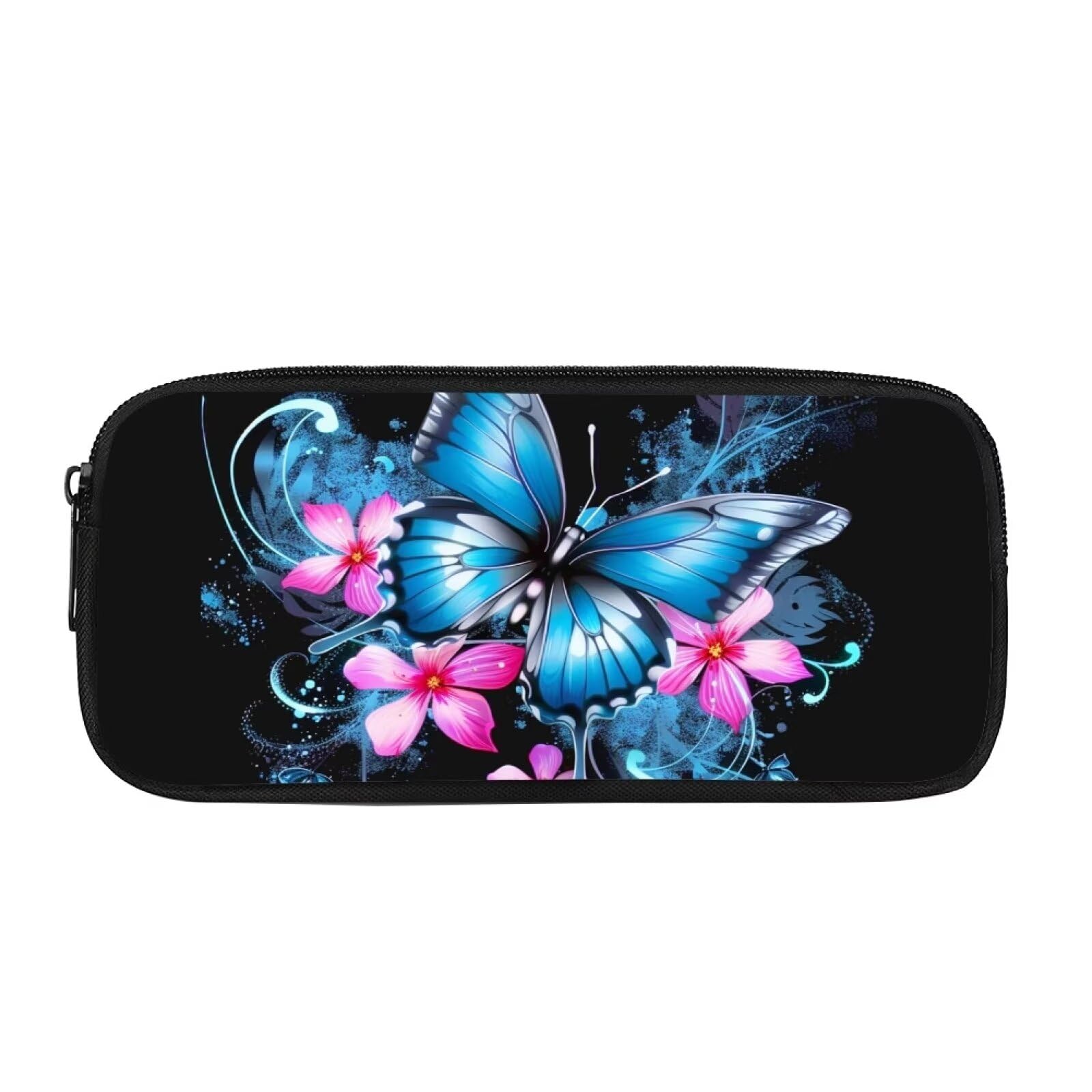 Showudesigns Blue Butterfly Pencil Case for Boys Girls Pencil Pen Pouch Bag High Storage Case Middle School College Office Organizer Flower Black — image 1