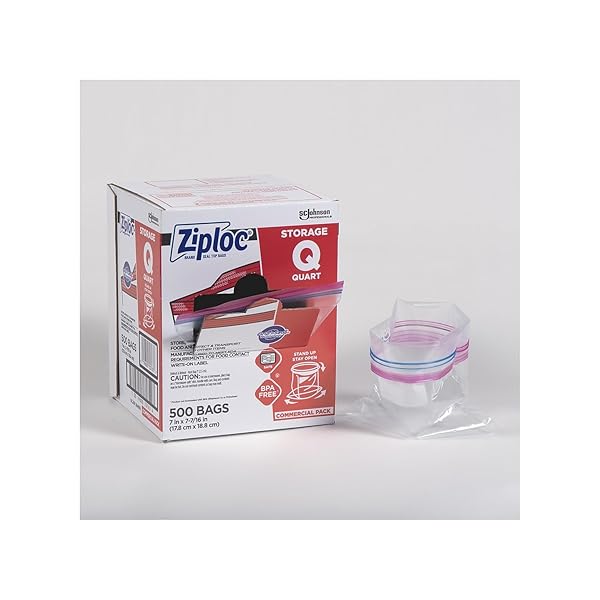 ZIPLOC DOUBLE ZIPPER STORAGE BAGS, QUART, 500 BAGS/CARTON (682256)