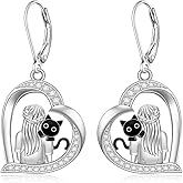 Black Cat Earrings for Women Sterling Silver Cat Earrings Heart Leverback Dangle Drop Halloween Jewelry Gifts for Lovers