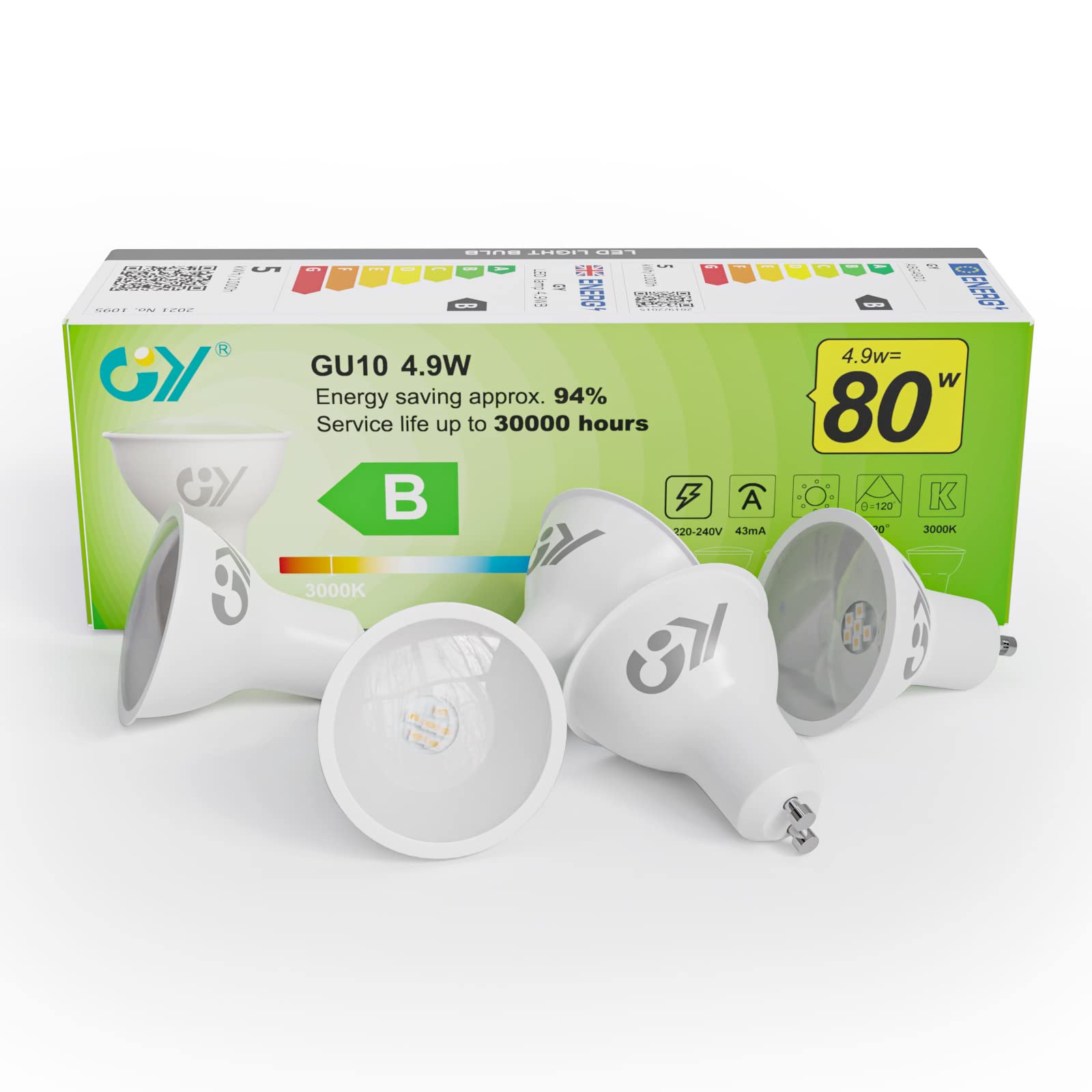 GY GU10 LED Bulb 4.9W 780lm Warm White 3000K Energy Saving LED Bulb,The New UK Energy Efficiency Class B Replaces 80W, 110°Beam Angle Non-Dimmable, 5 Pack