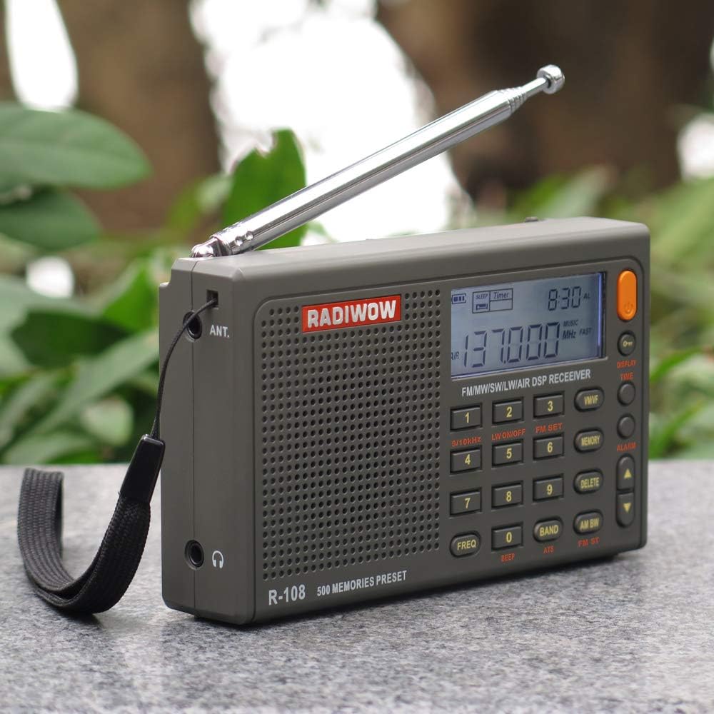 RADIWOW R-108 FM Stereo/LW/MW/SW/AIR Band/DSP Full Band Portable Radio with Headphones Jack and Antenna Jack, Sleep Timer and Alarm Clock, 500 Memories preset Stations (100 preset for Each Band).: Home Audio & Theater