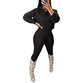 NRTHYE Women's 2 Piece Sweater Sets Long Sleeve Hooded Cable Knit Crop Top High Waist Pants Sweatsuit Outfits