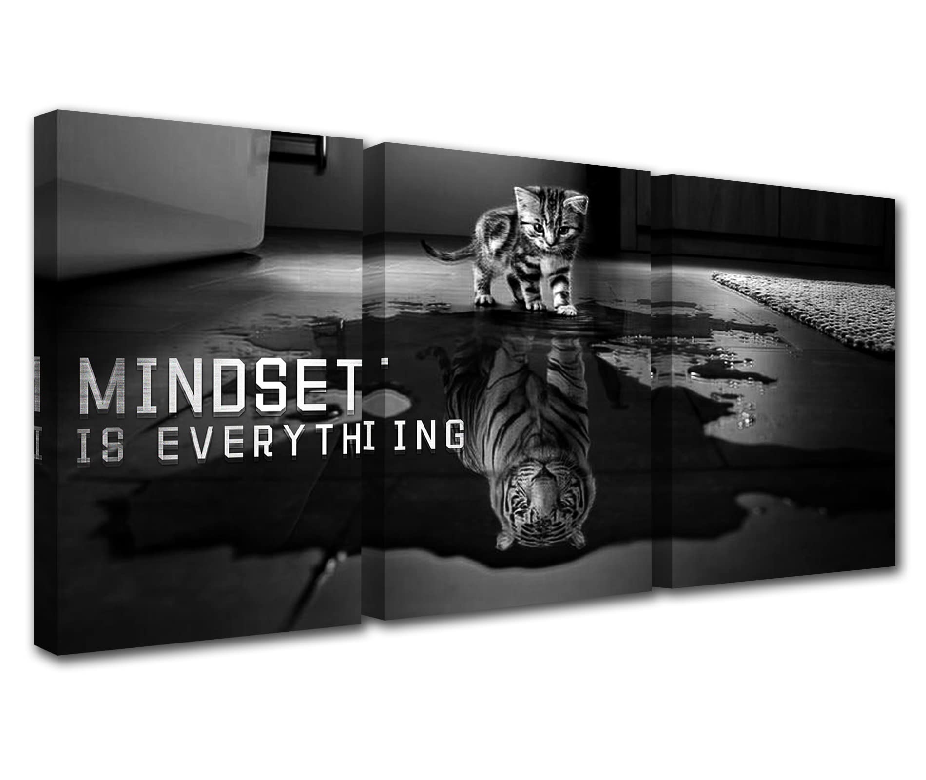 Mindset is Everything Wall Art Cat Motivational Posters Inspirational Entrepreneur Positive Quotes Canvas Prints 3 Panels Painting Picture Wooden Framed Artwork Living Room Office Wall Decor 60”Wx28”H