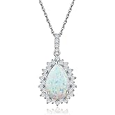 RANDES 925 Sterling Silver Teardrop Necklace for Women Huge Created Gemstone Solitaire Halo Pendant Pear Cut Birthstone Necklace