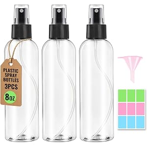 DPLASKA 3 Packs 8 oz Clear Plastic Spray Bottles, Black Fine Mist Sprayer | Refillable Empty Bottles with Cap, For Essential