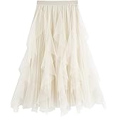 Women's Tulle Skirt Formal High Low Asymmetrical A-Line Fairy Elastic Waist Layered Long Midi Skirts
