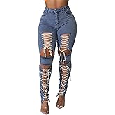 xxxiticat Women's Lace Up Denim Pants High Waist Cutout Bandage Criss Cross Bow Tie Destroyed Hollow Out Jean Trousers
