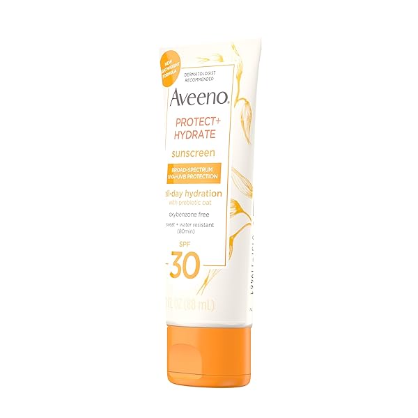 AVEENO PROTECT + HYDRATE MOISTURIZING SUNSCREEN LOTION WITH BROAD SPECTRUM SPF 30 & PREBIOTIC OAT, WEIGHTLESS SWEAT & WATER-RESISTANT FULL BODY SUNSCREEN, OXYBENZONE-FREE, 3.0 FL. OZ