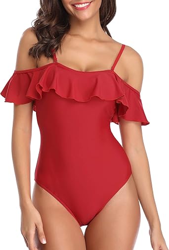 red off the shoulder one piece swimsuit