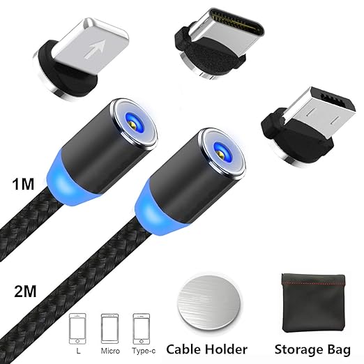 Magnetisches USB Ladekabel,Lighting Micro USB Type C Kabel Ladegerät mit LED für Android Phone,No Sync Data.1m/2m+3 Adapters