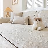 XSlive Leaf Floral Cotton Quilted Dog Couch Cover for Sofa Farmhouse Rustic Embroidered Sectional Couch Cover Soft Anti-Slip Sofa Slipcover Furniture Protector for Kids, Pets (Beige,28"x28")