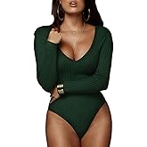 Womens Sexy V Neck Bodysuit Basic Ribbed Long Sleeve Jumpsuits Tops For Women Fall Tops