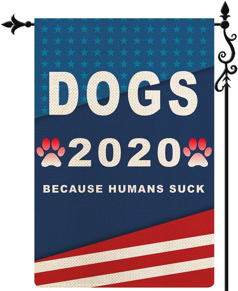 Coskaka Dogs 2020 Funny Political Because Humans Suck Garden Flag, Patriotic Stripes Stars Vertical Double Sided Red Blue Rustic Farmland Burlap Yard Lawn Outdoor Decor 12.5x18 Inch