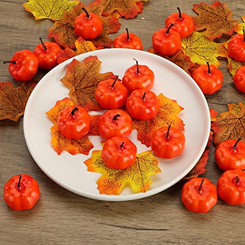 HAKACC 48 PCS Mini Fake Pumpkins Mini Artificial Pumpkins with 30 PCS Fake Maple Leaves, Small Cute Realistic Foam Pumpkin for Halloween Decoration, Fall Harvest Thanksgiving Party Decoration