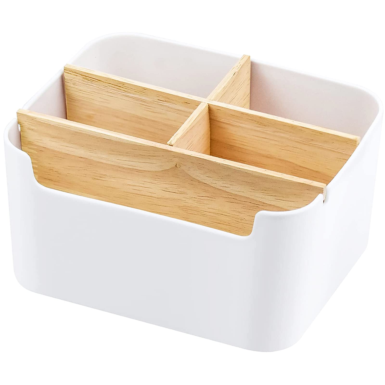 Lre Co. Desk Organizer, Wooden Pen Holder Desktop Storage Remote Control Holder Wood Multifunctional Storage Box Pencil Holder Set Bamboo Desk Accessories for Pencil Note Glasses Cosmetics, White