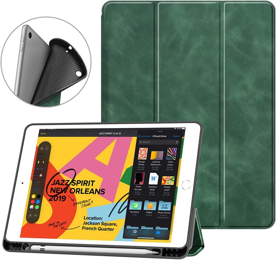 Smart Case for iPad 9th 8th 7th Generation, iPad Case 10.2-Inch (2021/2020/2019 Model, iPad 9/8/7), Soft TPU Trifold Stand Protective Case Cover Shell with Pencil Holder, Auto Wake/Sleep, Green