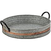 Galvanized Metal Serving Trays with Copper Strip and Iron Black Handles,Farmhouse Tray, Decorative Centerpiece for Coffee Table or Dining Table, Rustic Utility Trays for All Purpose, Round Trays…