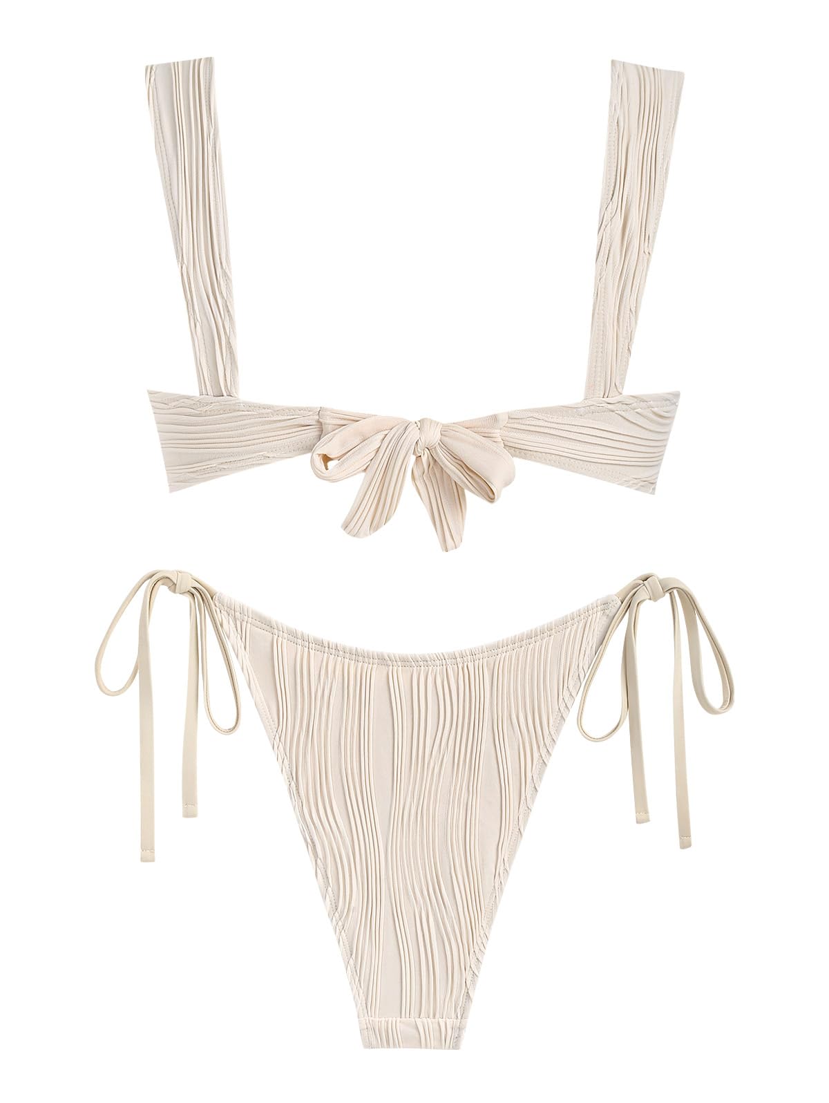 ZAFUL Women's Cinched Bikini Solid Color Wave Textured Knotted Tied Side Two Piece Swimsuit Bathing Suits (Light Coffee, M) - Image 3