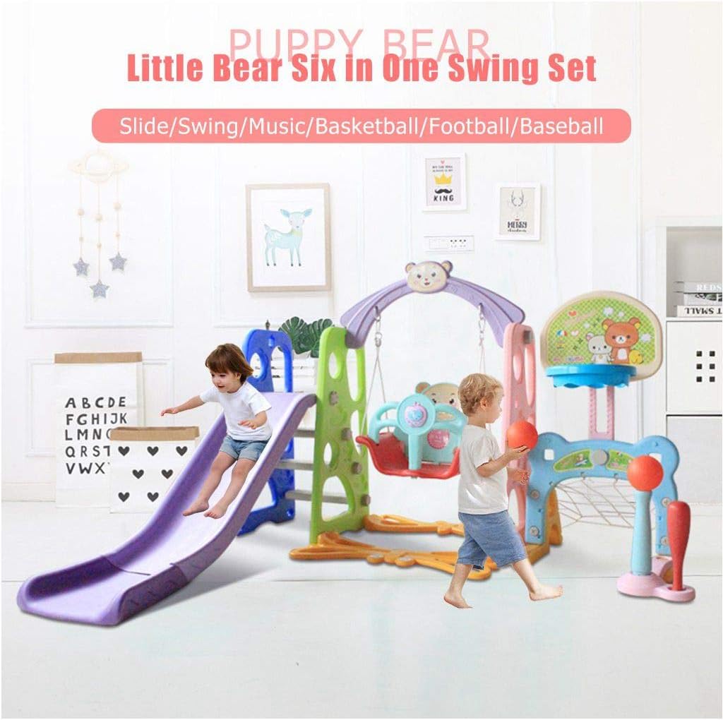 Amazon Com Toddler Climber And Swing Set 6 In 1 Kids Indoor Outdoor Slide Swing Playset W Basketball Hoop Football Gate Baseball Bat Easy Climb Stairs For Infant Playground Games From Us Multicolour
