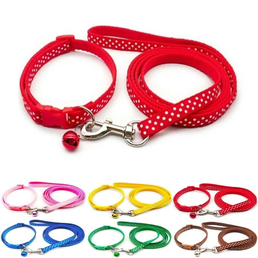 Small Dog Puppy Pet Collar and Lead Set Spot Dot Design Nylon Adjustable Size 19-32cm Collar with Bell and 120cm Leash Red