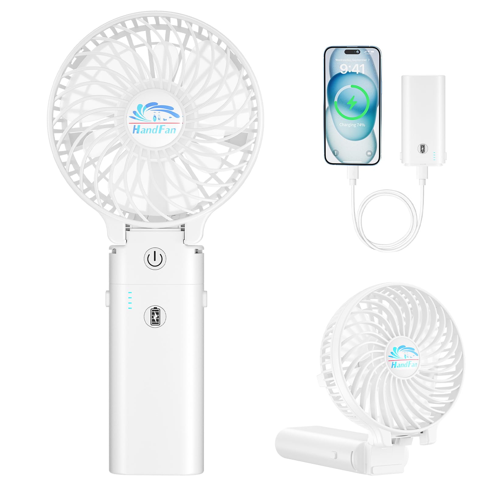 HandFan 5200mAh Handheld Fan Portable 3 Speeds,180°Foldable Battery Operated Power Bank & Desktop & Rechargeable Personal Fan 3-in-1 USB Mini Electric Fan for Office Home Outdoor Camping Stroller