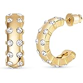 WANTED PIECES 14K Real Gold Plated Pave Hoop Earrings, Gold Hoops for Women and Girls