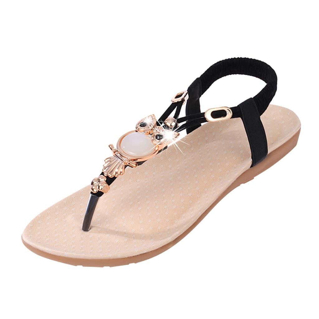 footful women summer bohemia flat sandals beach thong shoes black 36